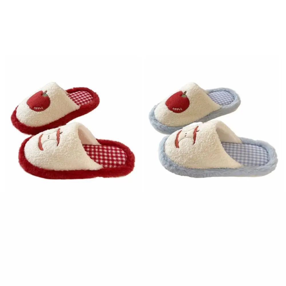 Fashion Grid Stripe Cute Plush Slippers Non-Slip Thick Sole Winter Slides Women Silent Casual Home Wear Shoes Women