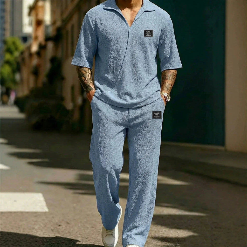 2026 New Style Men's Fashion Casual Shirt Set - High-Quality Solid Color V-Neck Short Sleeve Pants Two-Piece Set