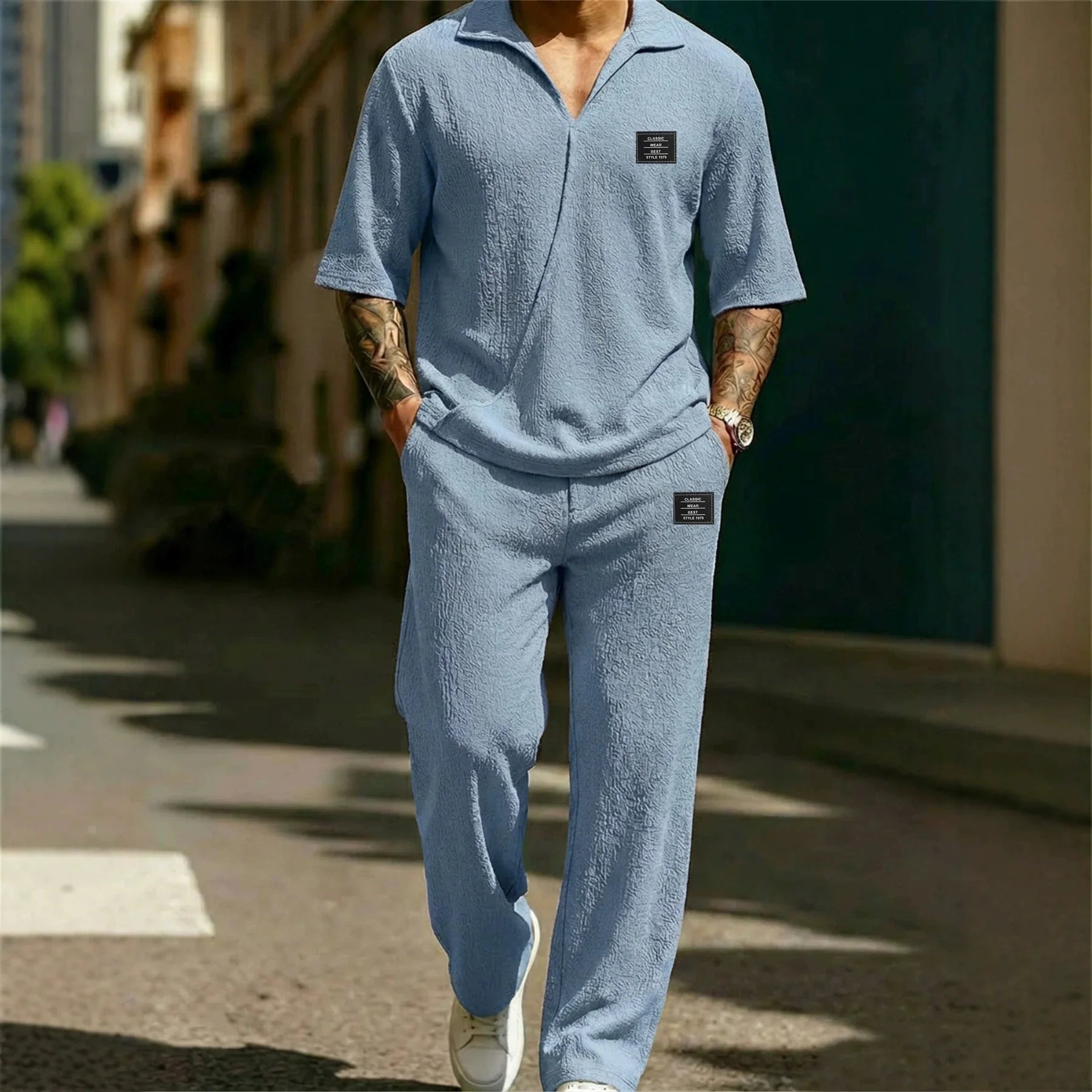 2026 New Style Men's Fashion Casual Shirt Set - High-Quality Solid Color V-Neck Short Sleeve Pants Two-Piece Set