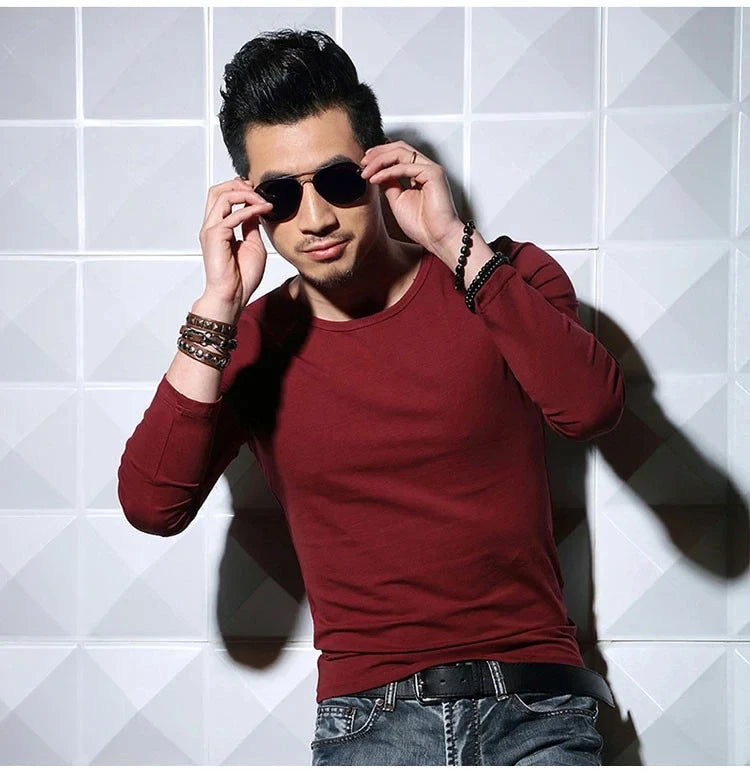 Men's Long Sleeve V Neck T Shirt 2026 MRMT Men T-shirt Slim Solid Tight Man T Shirt Tops Tees Clothing