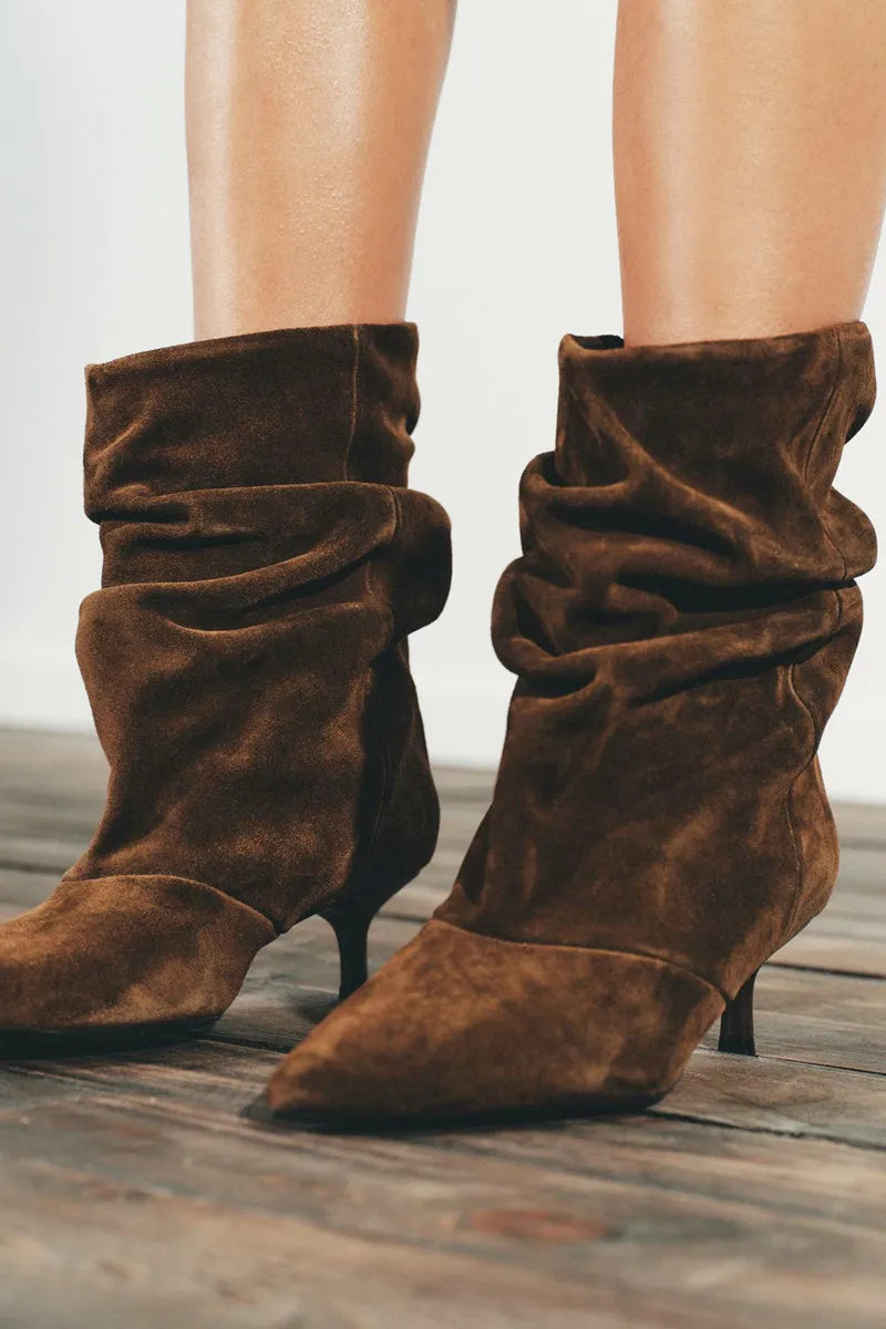 Aneikeh Winter Wrinkle Pointed Toe Ankle Boots Women Pleated Short Boots Female Retro Elegant Designer Femmes Botas De Mujer