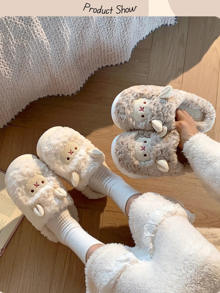 Women Lovely Sheep Fluffy Slippers Men Fashion Animals Non-slip Plush Slides Lovers Soft Warm Cartoon House Shoes For Winter