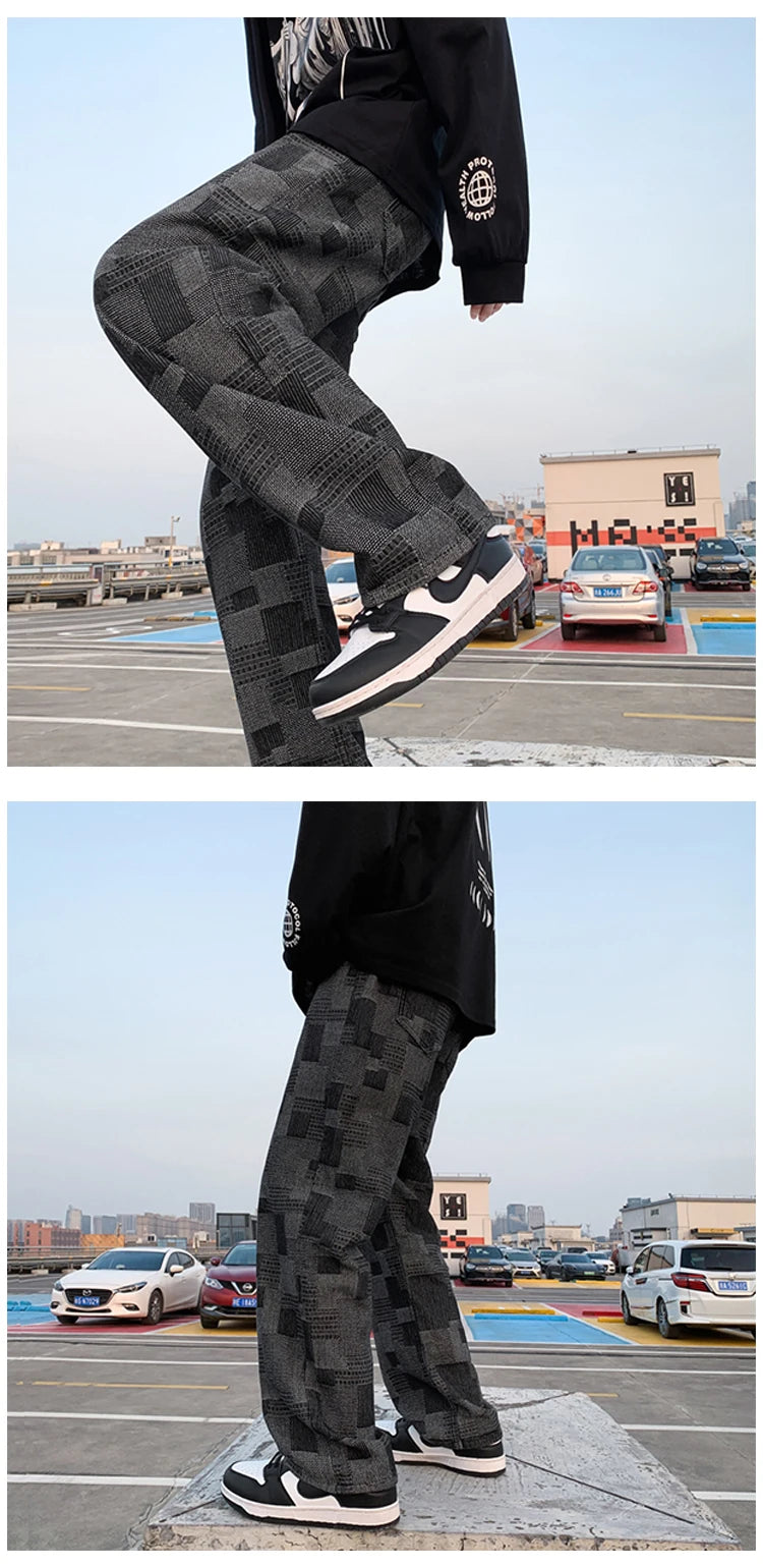 Blue Black Plaid Jeans Men Retro Casual Wide-leg Jeans Mens Streetwear Loose Hip-hop Straight Denim Trousers Men Vintage Jeans