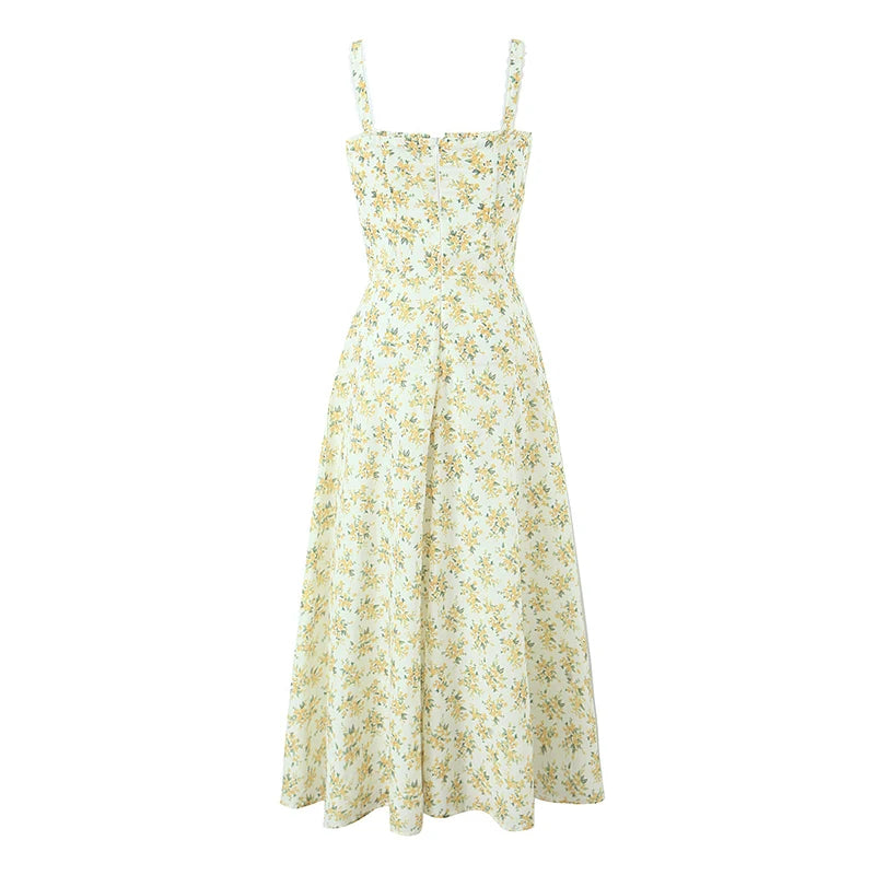 YENKYE Sexy Elegant Women Lace Patchwork Floral Print Sling Midi Dresses Holiday Summer Lady Party Vestidos Cotton Robe