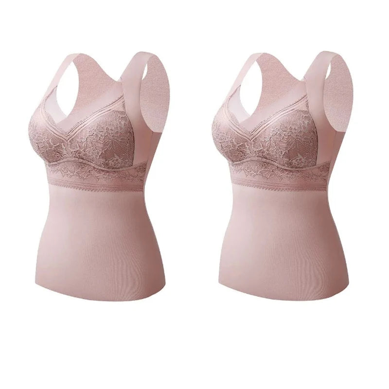 2pcs Woman Thermal Underwear Thermo Lingerie Winter Soft Warm Top Wear Thermo Vest  Undershirt Intimate Lace with Bra Padded