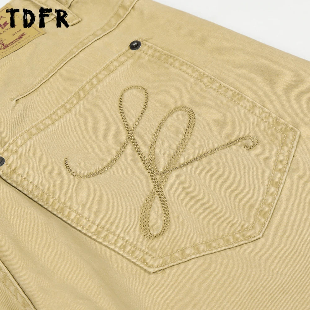 Pocket Embroidery Banana Jeans Mens Solid Color Washed Distressed Retro Casual Baggy Wide Leg Denim Trousers Man