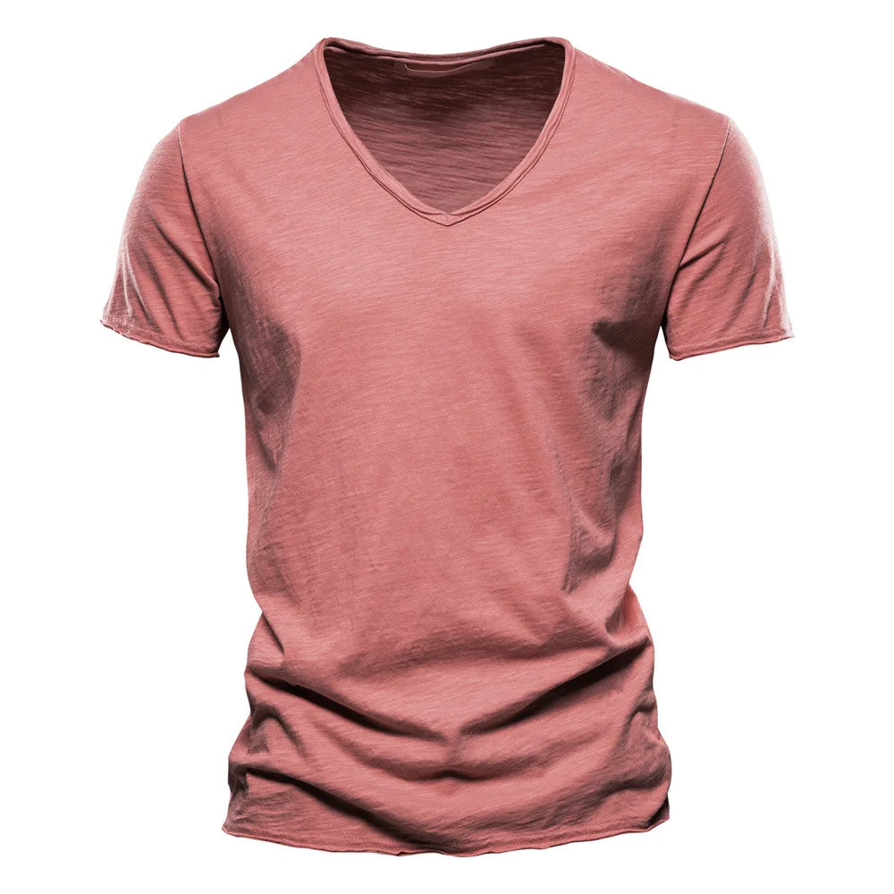 S-5XL 100% Cotton Men's T-Shirts Fashion Design V-neck Casual Slim Fit Basic Solid Summer T Shirt For Men-F037