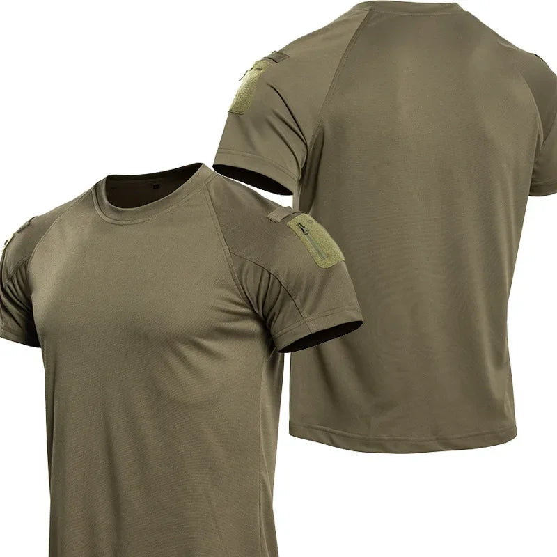 Men's Tactical T-Shirt Short Sleeve Quick Dry Breathable Lightweight Combat Tee with Shoulder Zip Pocket for Hiking Camping Tops