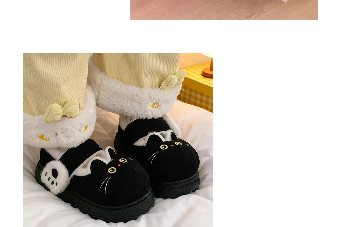 New fuzzy black cat shoes hook loop winter slippers for women indoor mary jane plush shoes mom shallow warm kitty slippers woman