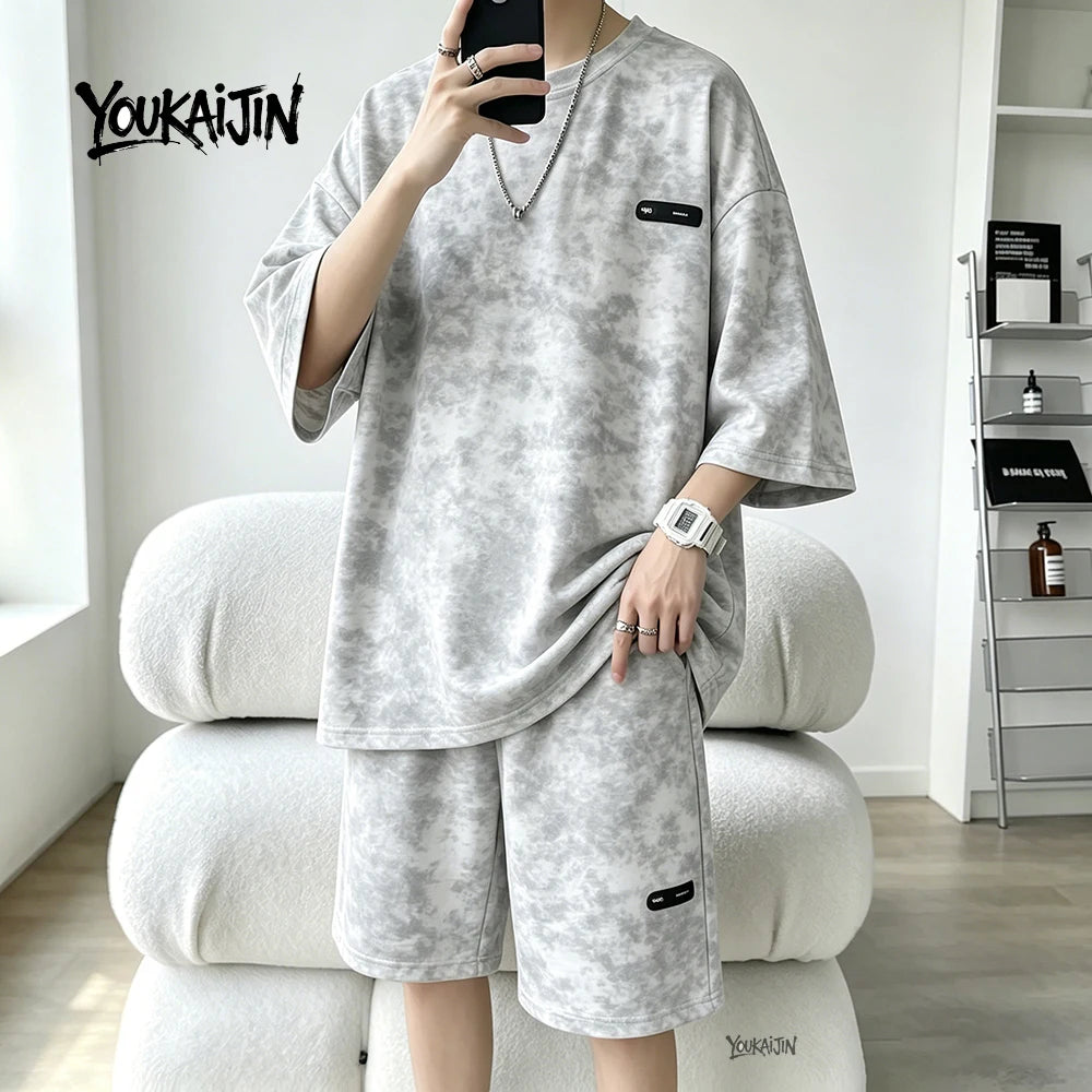 7XL 8XL Tie Dye T Shirt and Shorts Set Men White Casual Streetwear Co Ord Set Men Summer Loose Sportswear 2 Piece Outfit Men