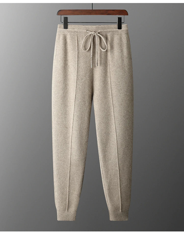 Autumn and Winter Thickened High Waisted 100% Merino Wool Men's Pants Small Leg Pants Casual Business Knitted Sweatpants Warm
