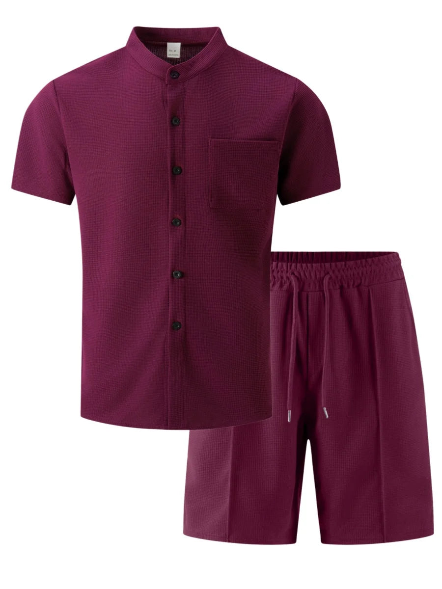Men's 2 Piece Outfit, Stand Collar Short Sleeve Shirt with Chest Pocket and Drawstring Shorts, Casual Co Ord Set