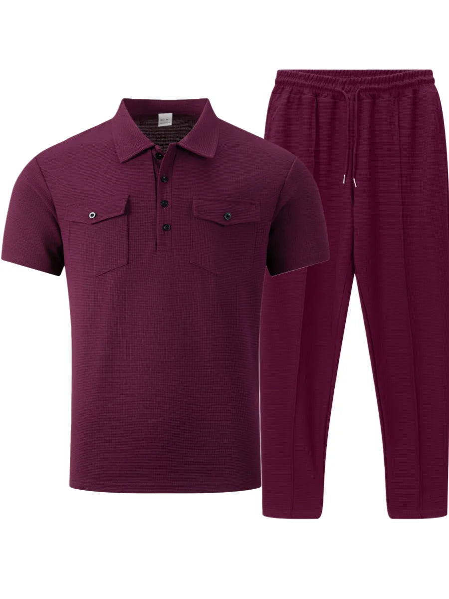 Summer New Men's Waffle Casual Tracksuit, Lapel Collar Double Pocket Solid Polo Shirt and Long Pants Set
