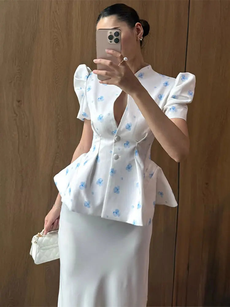 Waist Cinching Floral Suit Jacket Lady V-Neck Short Bubble Sleeve Shoulder Pad Jackets Fashion Daily 2026 Summer New Woman Coat
