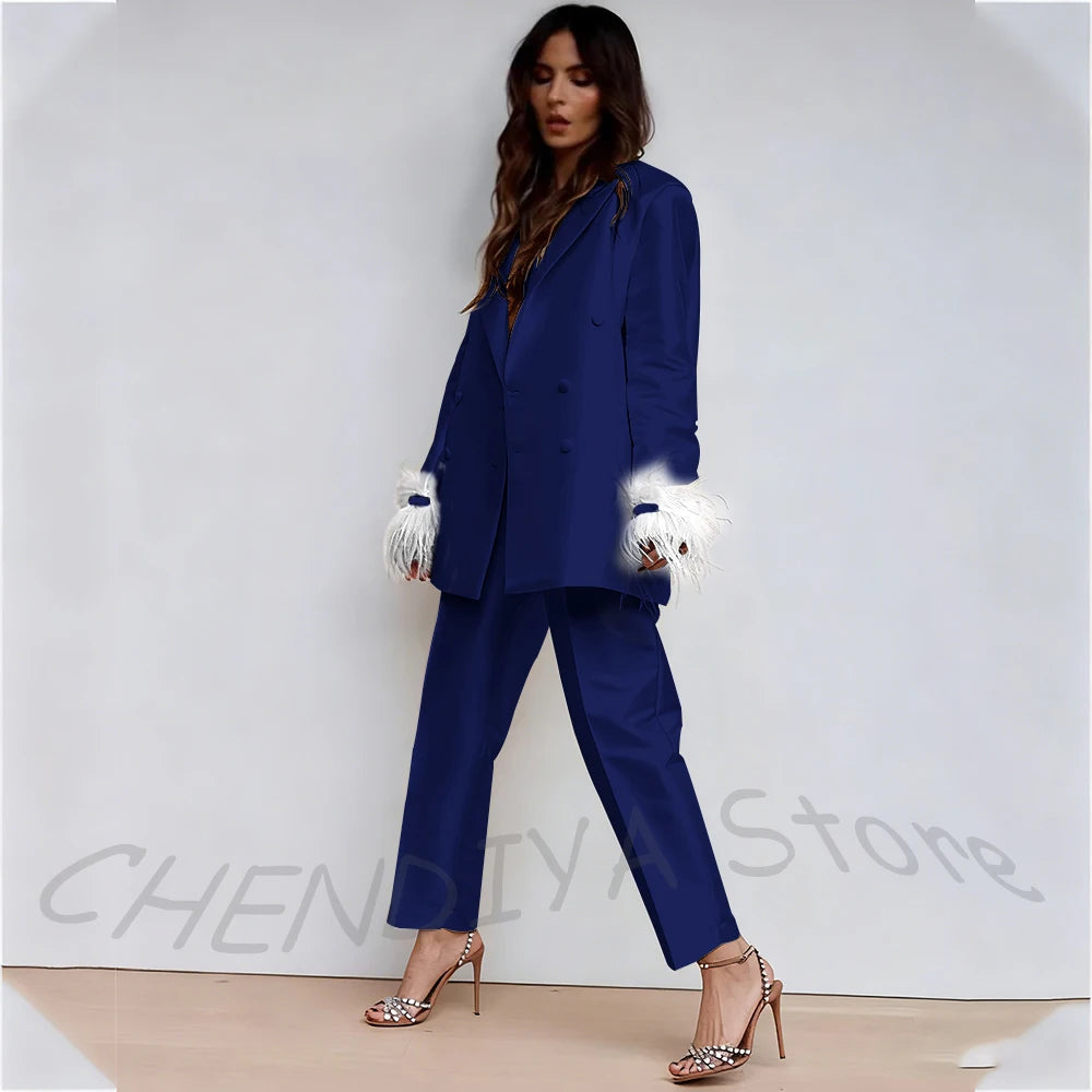 Luxury Feather Women's Suit Classic Design Double Breasted Ankle Length Elegant Outfit Two Pieces Formal Party Female Set