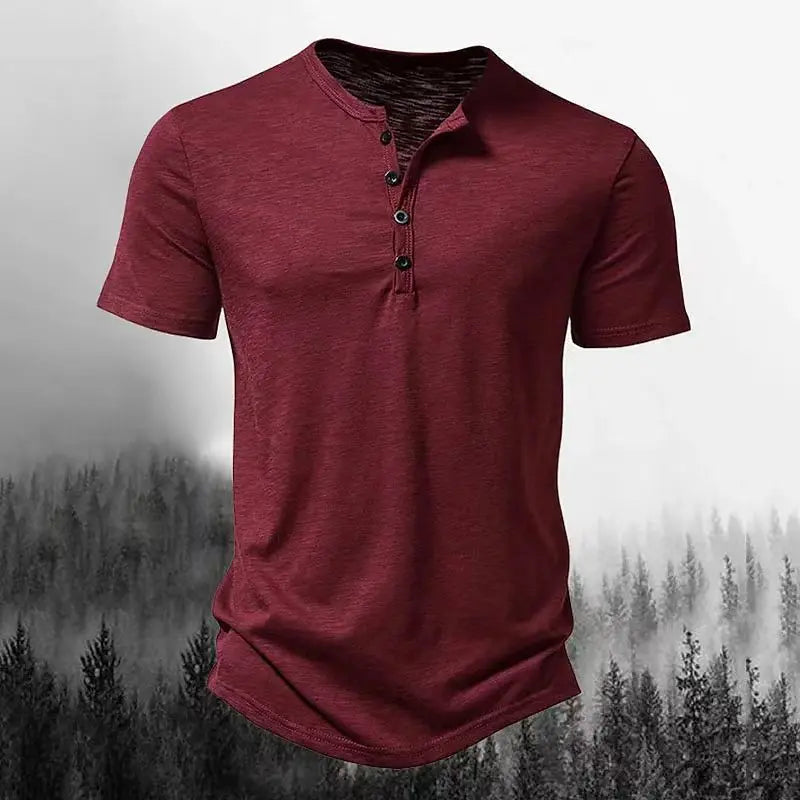 Summer men's Henry collar casual solid-color short-sleeved T-shirt, casual and breathable button-down high-quality men's T-shirt