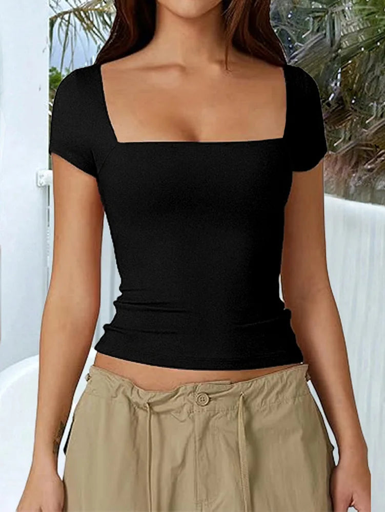 New Arrival Hot Seller 2024 Spring/Summer T-Shirt Women's Casual Square Neck Solid Color Slim-Fit Crop Top Short Sleeve