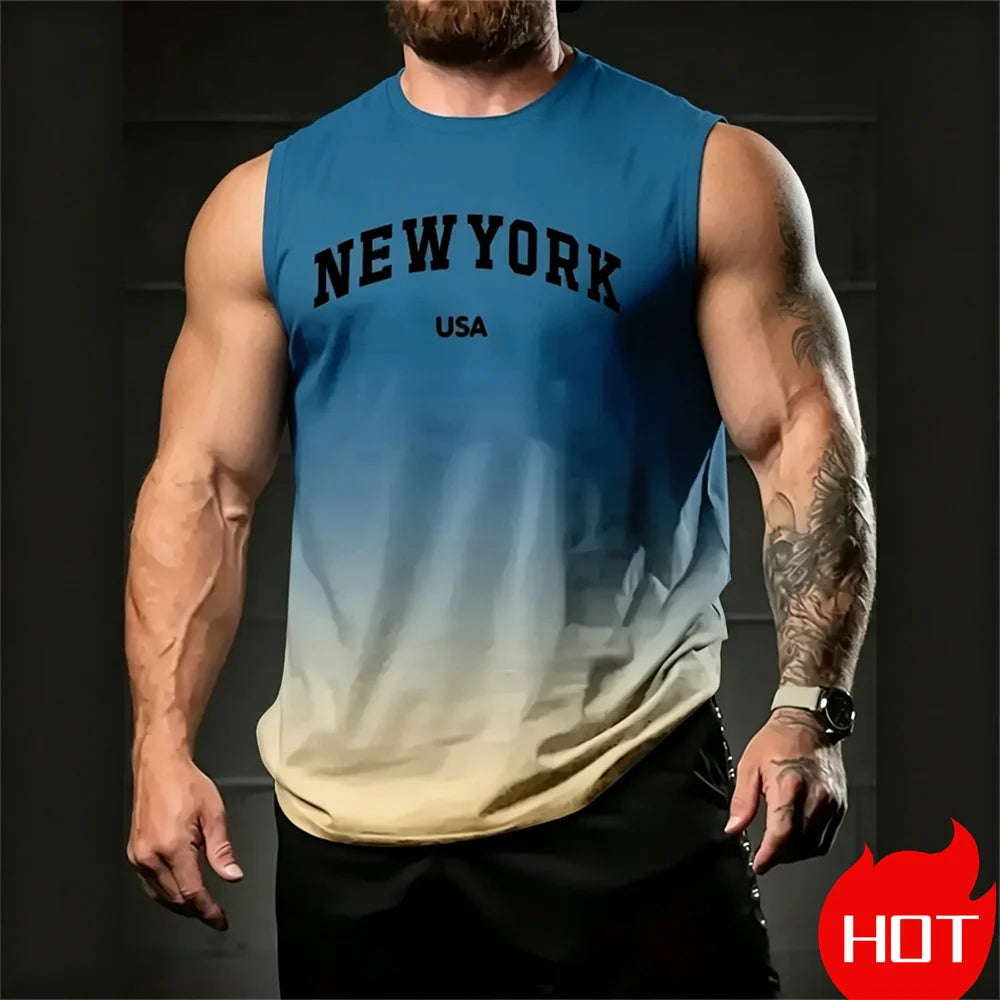 Gradient Men's sleeveless T-shirt New York  Print tank tops Tee Fashion Casual Men vest Pullover Simple Oversize T-Shirt For Men