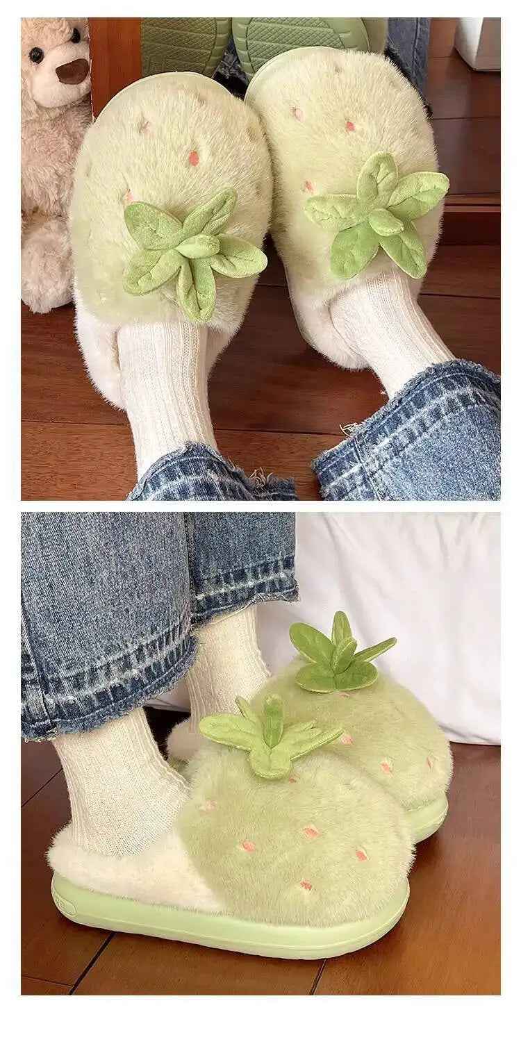 Winter Women's Furry Cotton Home Slippers Cute Strawberry Design Warm Thick Soled Anti Slip Indoor Household Outdoor Wearable