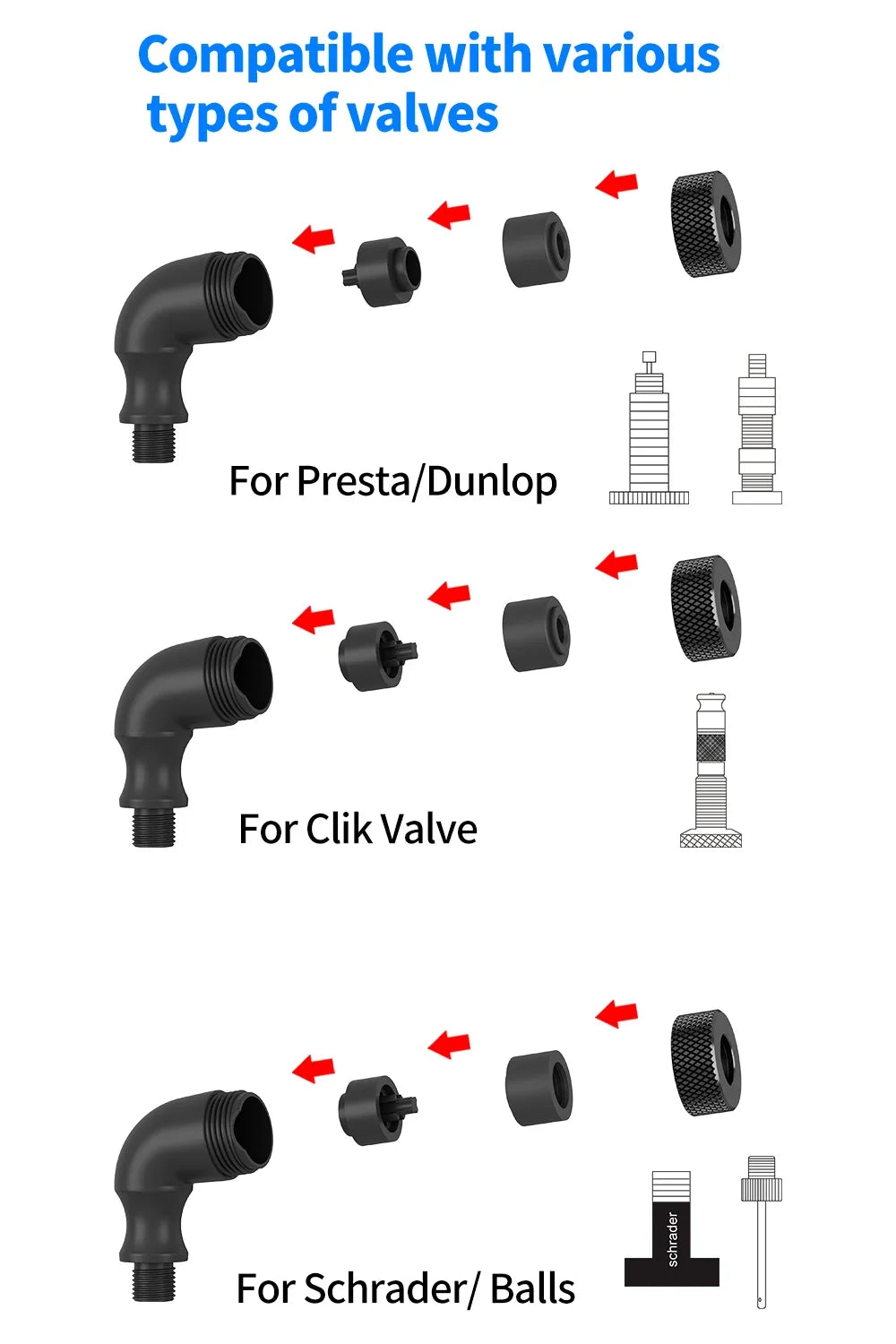 Bicycle Valve Adapter Pump Head with Presta Schrader Dunlop Clik Valves for Bike Valve Converter Pump Needles Air Pump Adapter