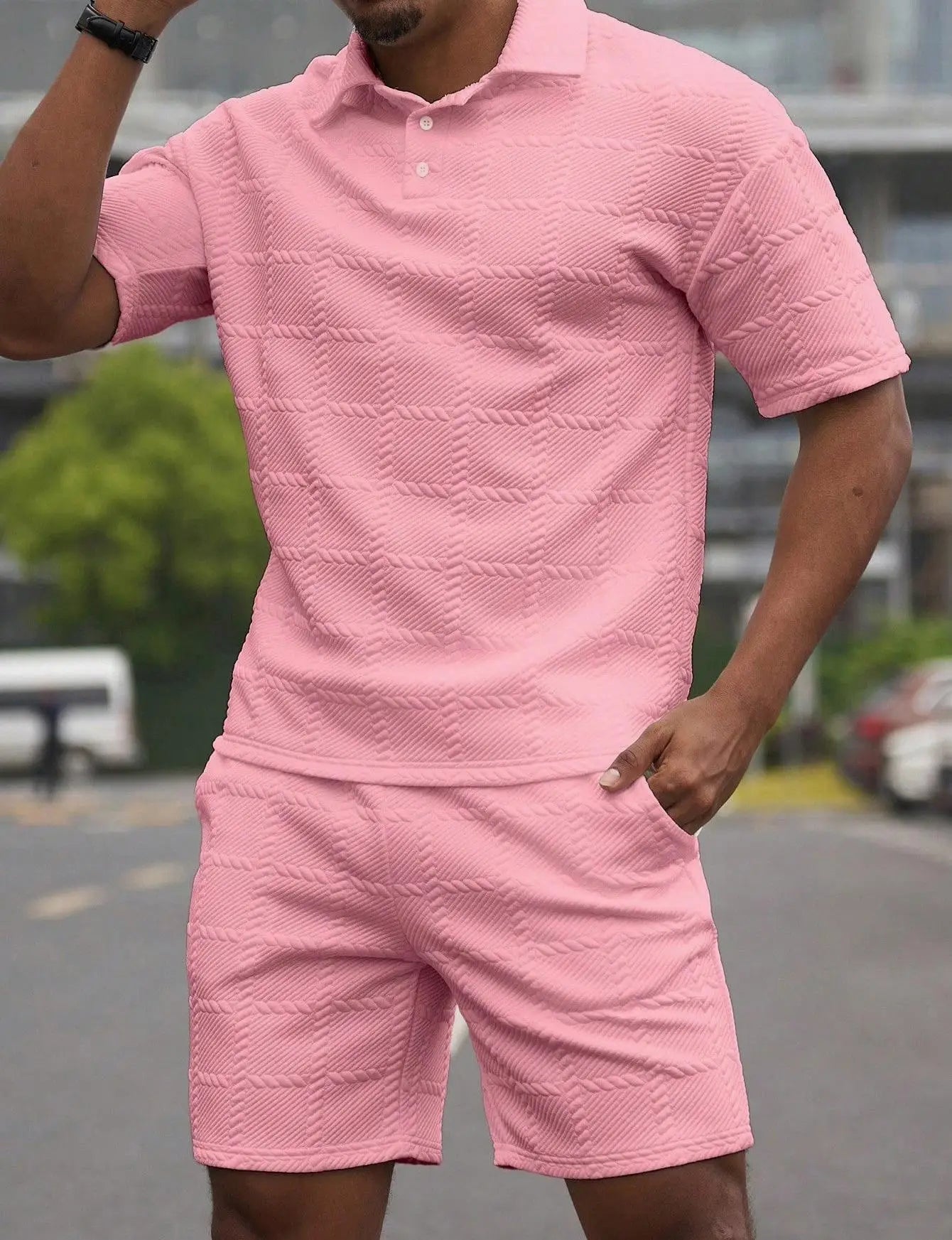 2026Summer Male Casual Two Pieces Suits Vintage Polo Neck Short Sleeve Tops And Shorts Men's Sets Fashion Plaid Textured Outfits