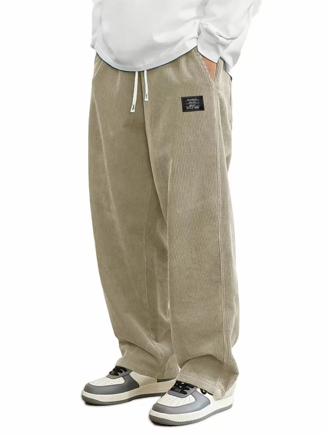 Men'S Corduroy Straight Leg Pants with Drawstring Waist,  Pockets, and Logo Design - Stretchy, Casual Fit for Everyday Wear