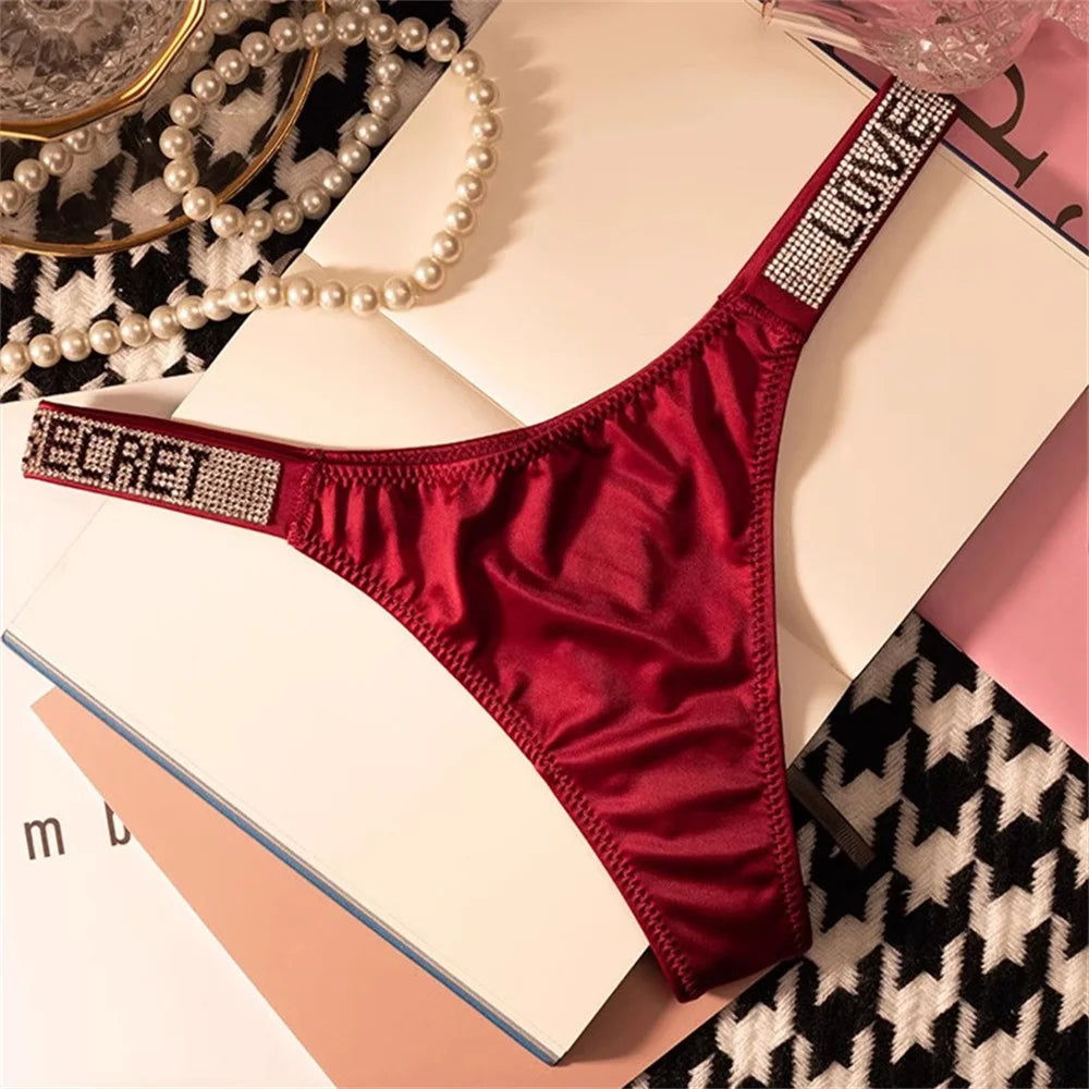 Wine Red/Leopard Sexy Shinning Rhinestone Thong Women's Seamless Underwear Sexy Sports Ladies Plus-size T-back Panties