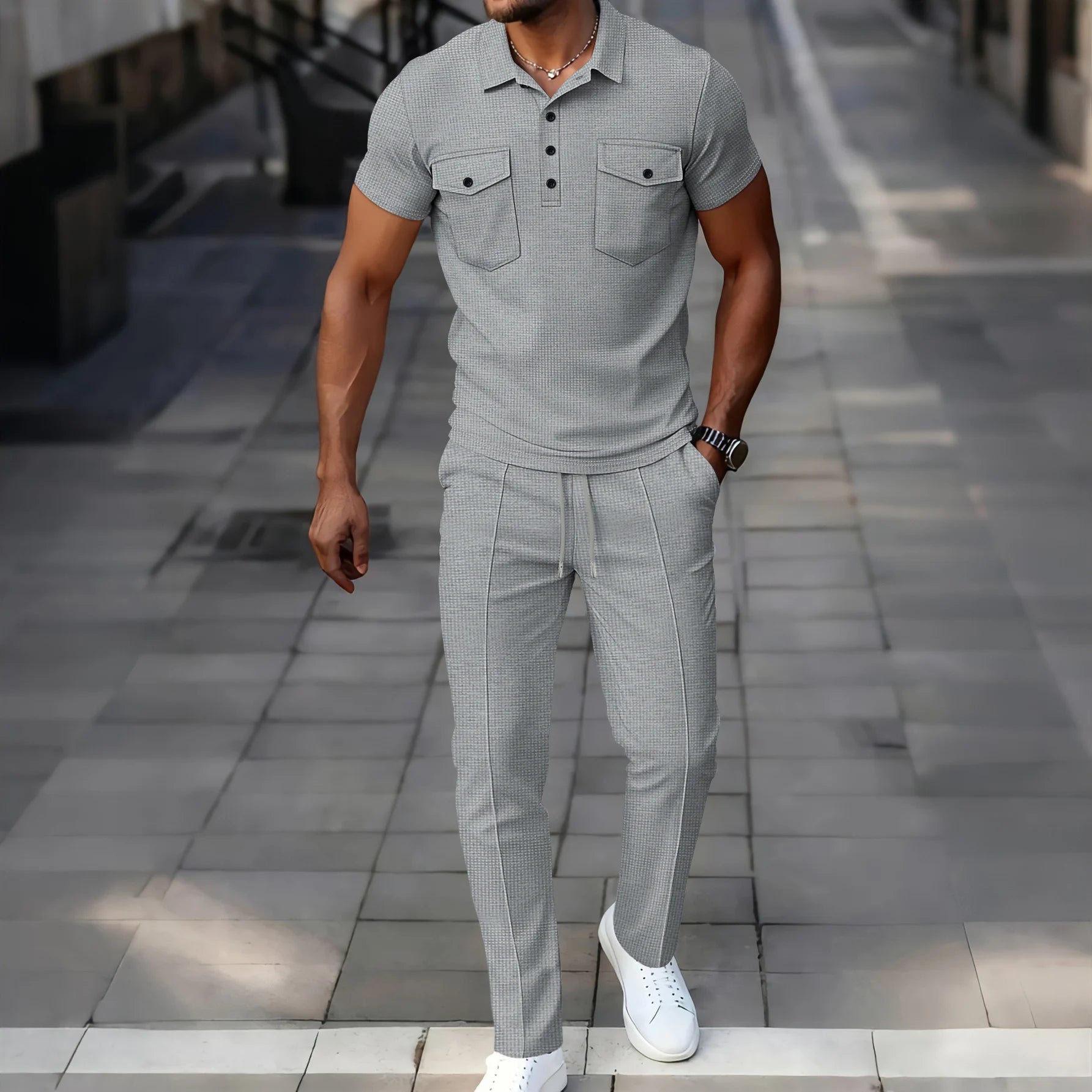 Summer New Men's Waffle Casual Tracksuit, Lapel Collar Double Pocket Solid Polo Shirt and Long Pants Set