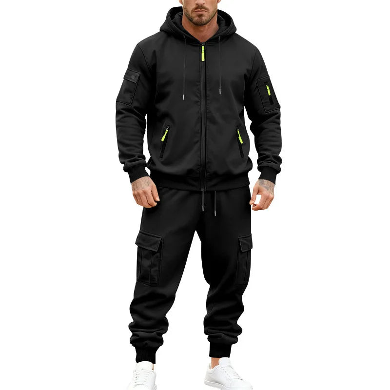 Men's Full Zip Hooded Tracksuit 2 Piece Set Casual Cargo Pocket Jogger Suit Outdoor Sports Hoodie And Pants Set