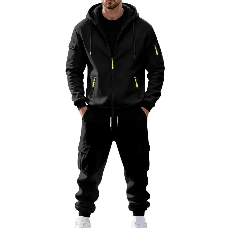 Men's Full Zip Hooded Tracksuit 2 Piece Set Casual Cargo Pocket Jogger Suit Outdoor Sports Hoodie And Pants Set