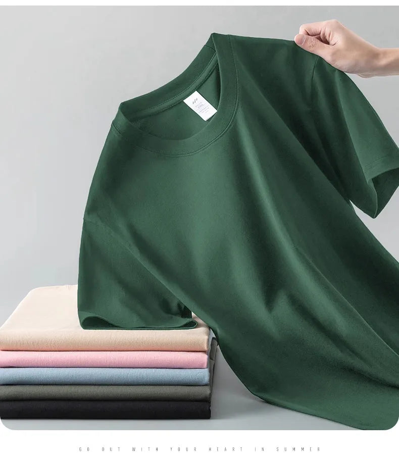 100% cotton heavy t-shirt summer solid color 230 g men's white casual all-match round neck fall shoulder short sleeve