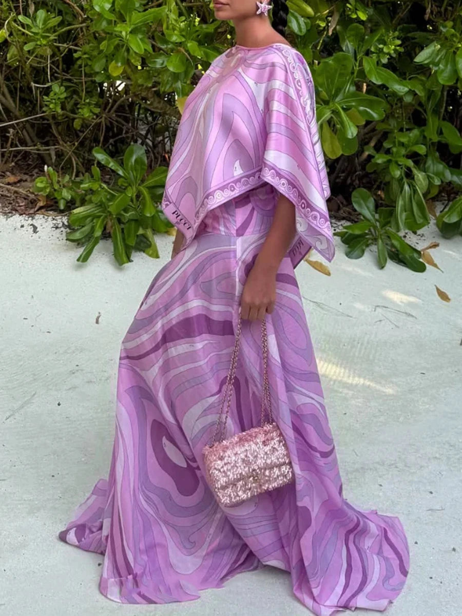TWOTWINSTYLE Holiday Elegant Printing Two Piece Set for Women O Neck Short Sleeve Top High Waist Maxi Skirt Suit Female Style
