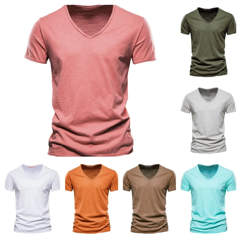 Men Fashion v-Neck t-Shirts Oversized Cotton t Shirt For Man Short Sleeve Top Tees Slim Casual Gym t Shirt Blouses Man Clothing