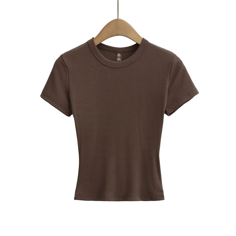 LUNDUNSHIJIA 2025 Summer Sexy Women Basic Small O-neck Short Sleeve T-shirt Ladies Slim Elasticity Cotton Short Style Tee Tops
