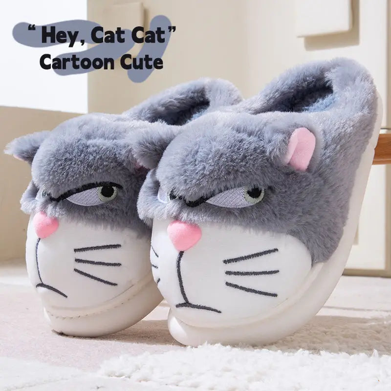 New fuzzy house slippers woman sweet furry cat designer mary janes shoes for women thick sole home slipper floor shoes bedroom