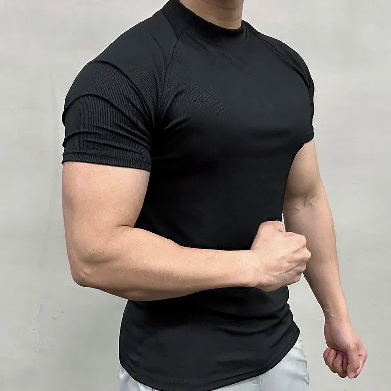 Men Summer Tshirt Muscle Shirt Bodybuilding Fitness Workout Turtleneck Casual Top Tees