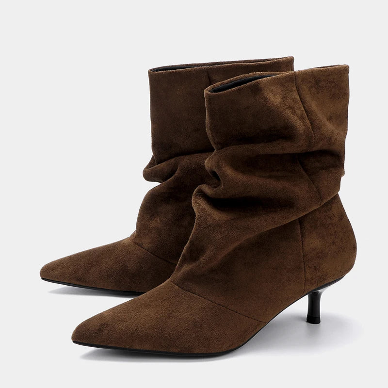 Liyke Winter Pleated Suede Women Shoes Pointed Toe Low Thin Heels Female Brown Retro Elegant Designer Ankle Boots Bottes Femme
