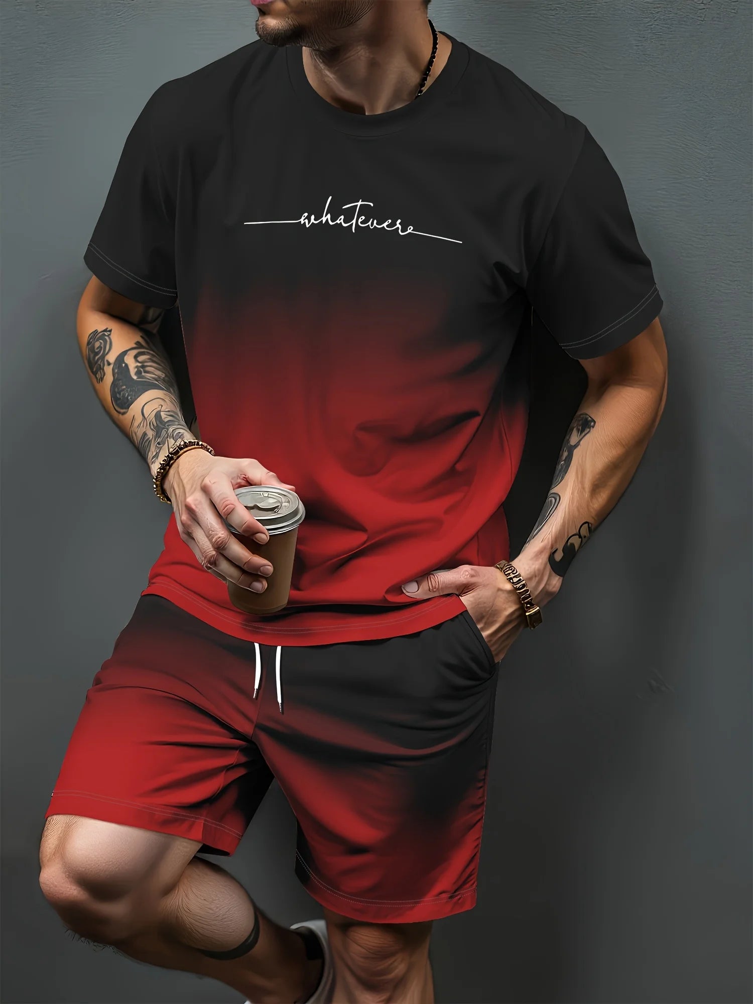 New Men's Cross Print T-Shirt and Shorts Set Stylish Streetwear Short-Sleeve Top and Shorts Combination Holiday Men's Apparel