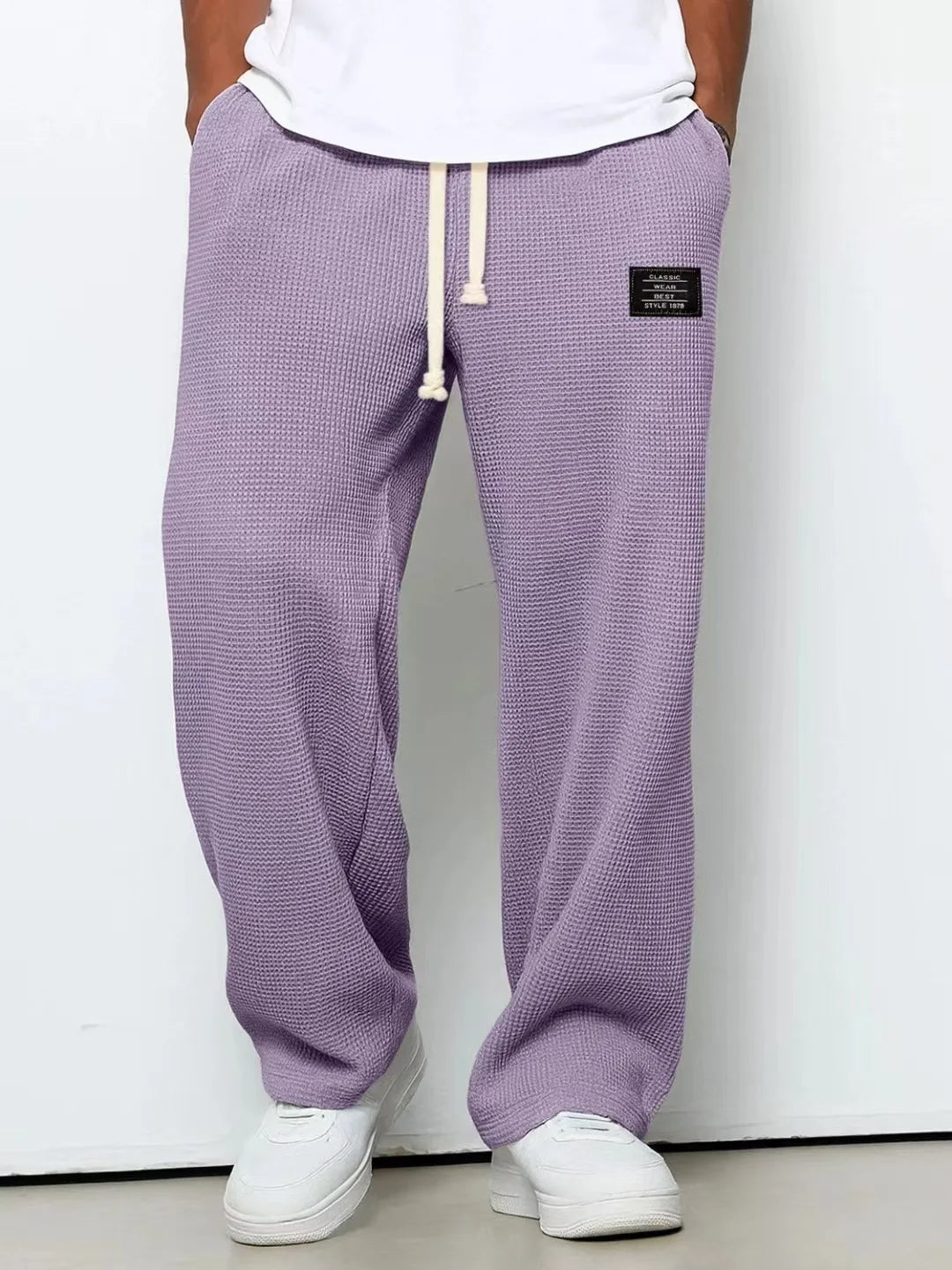 Men's spring-autumn trendy brand loose-fitting stretchy straight-leg sweatpants. Waffle fabric. Micro-bouncy sporty casual pants