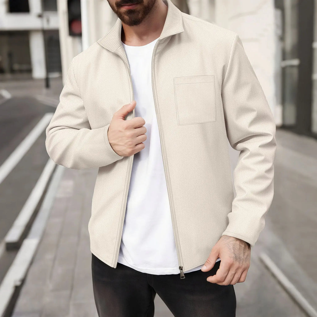 2026 Spring Autumn Men's Waffle Knitted Pocket Lapel Slim Fit Cardigan Jacket Youth Casual Streetwear Lightweight Outerwear