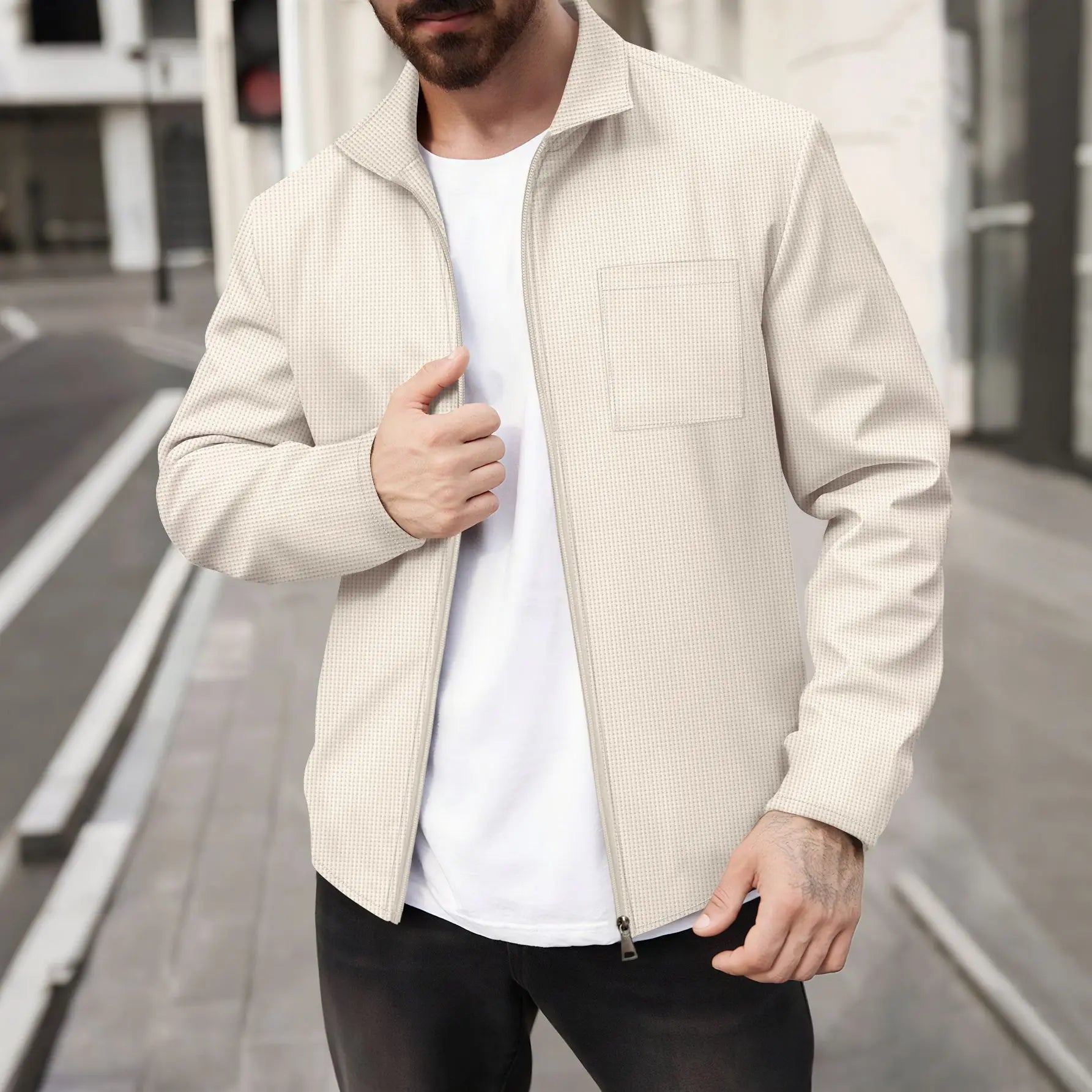 2026 Spring Autumn Men's Waffle Knitted Pocket Lapel Slim Fit Cardigan Jacket Youth Casual Streetwear Lightweight Outerwear