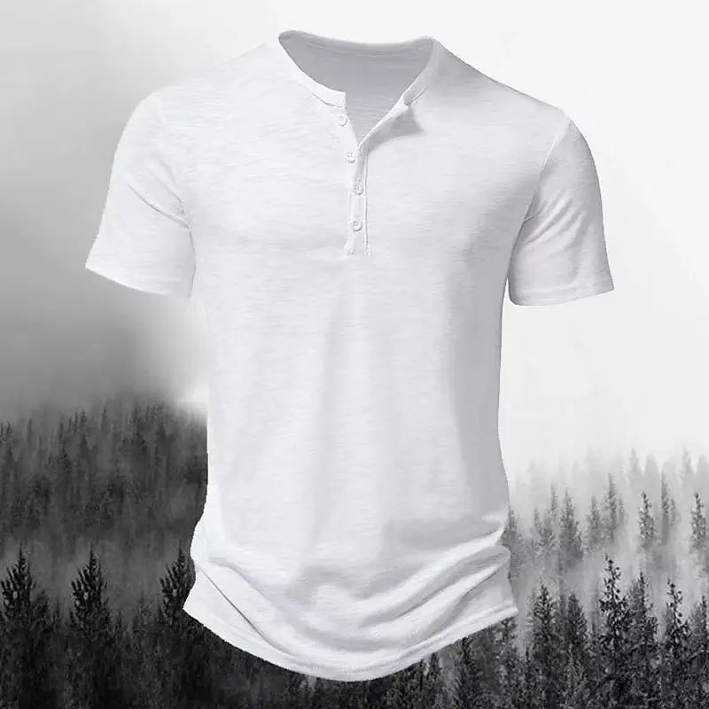 Summer men's Henry collar casual solid-color short-sleeved T-shirt, casual and breathable button-down high-quality men's T-shirt