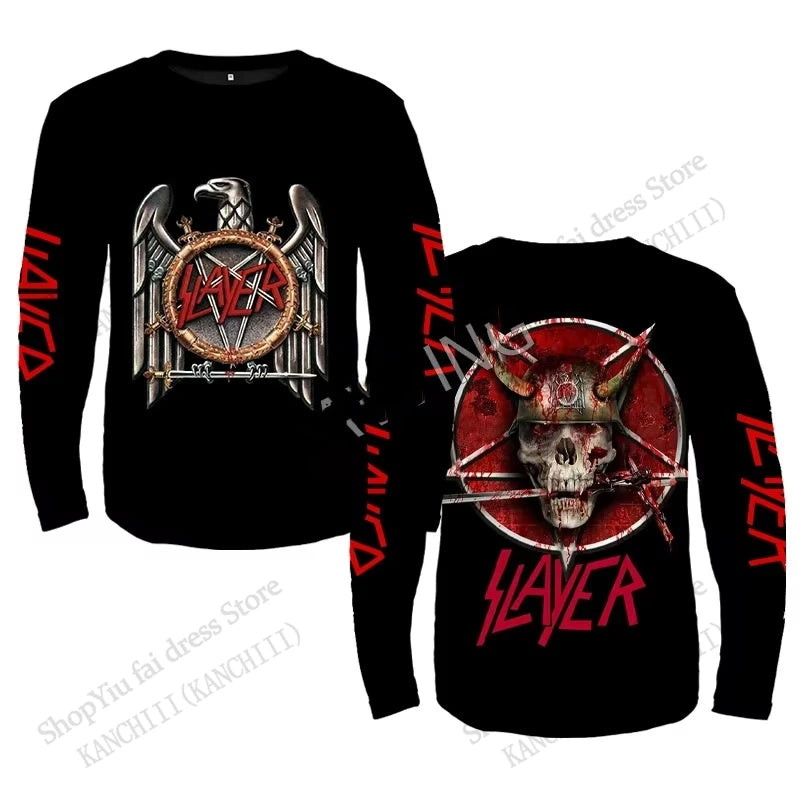 Rock Slayer Band 3D Print Long Sleeve Crew Neck T-shirt Men Women Fashion Oversized Tops Tees Metal Tshirt Mens Clothing Skull