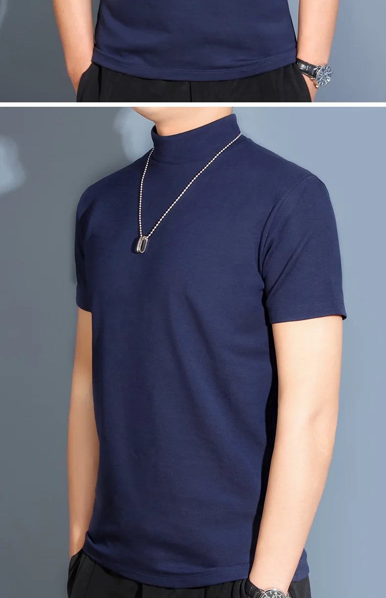 1pcs Thin New Men Half High Collar T shirts Short-sleeve Tee Fitness Joggers Bodybuilding Quick Dry tshirt Male Gym Clothes Tops