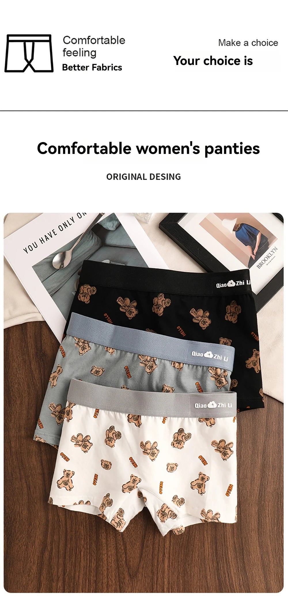 3PCS/Pack Autumn Winter Cotton Cute Bear Print Women's Panties Antibacterial Breathable Crotch Underwear Comfortable Soft Linger