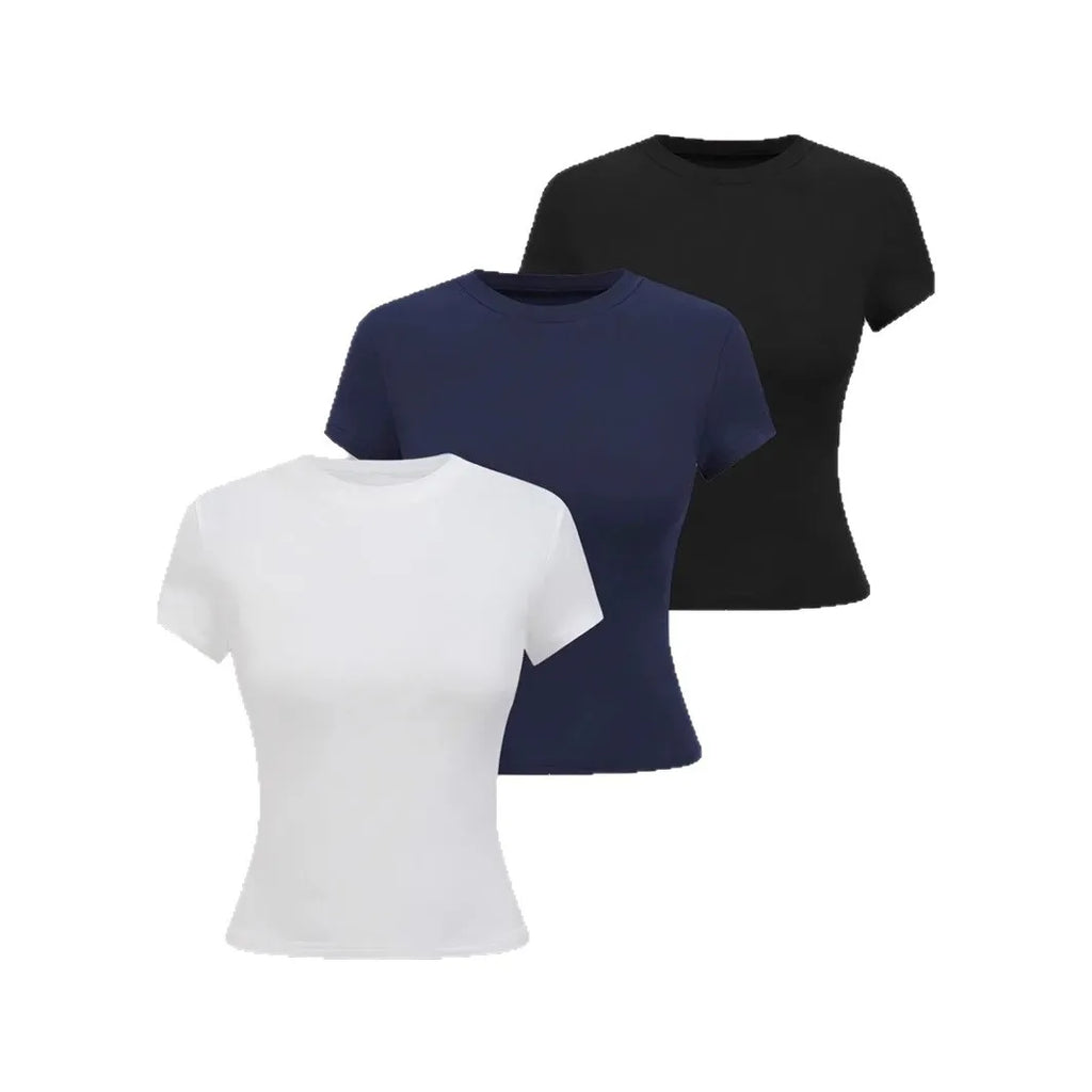 3pcs Sale Women's T-shirts Summer Round Collar Short Sleeve Slim Solid Color Tee Tops YDFS-53001