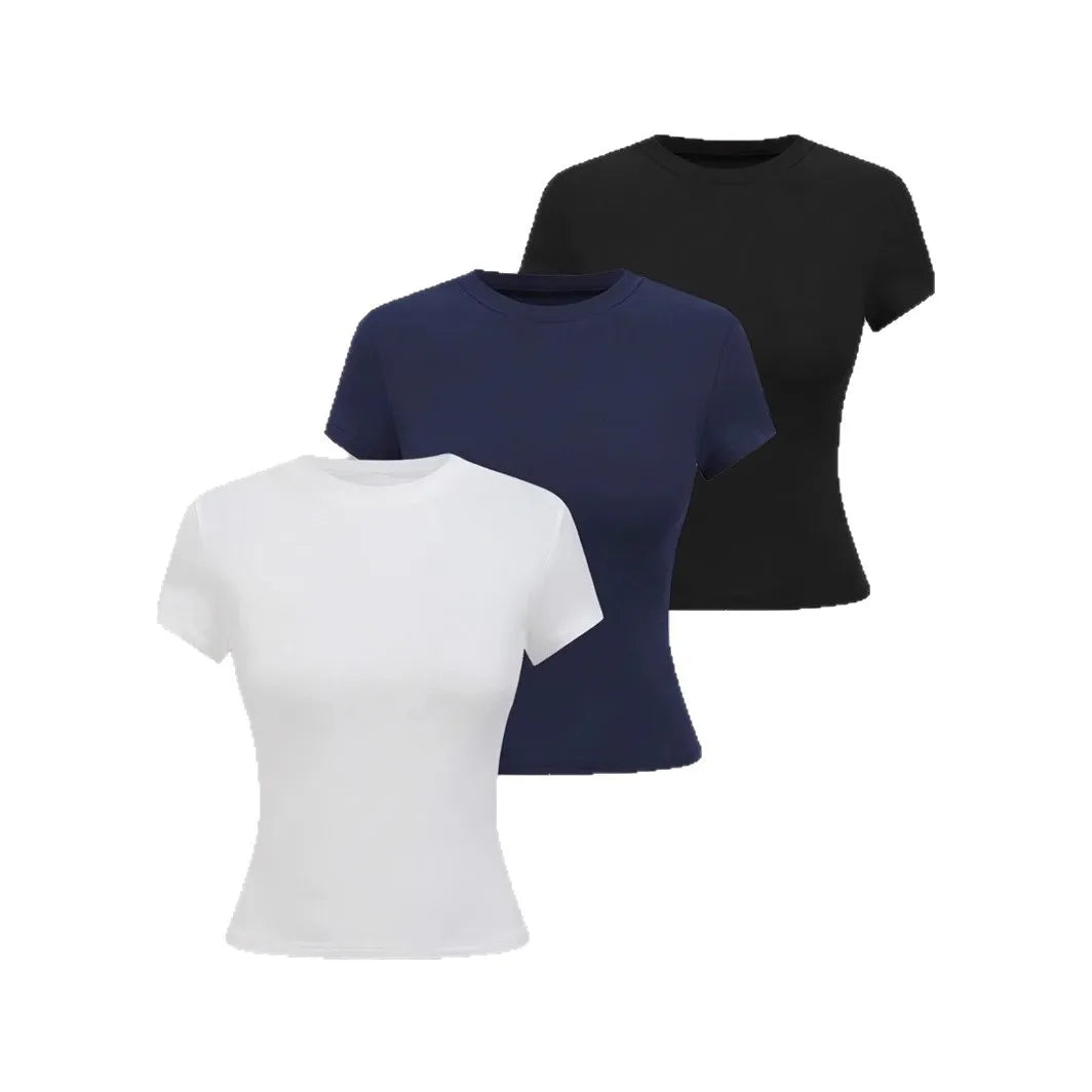 3pcs Sale Women's T-shirts Summer Round Collar Short Sleeve Slim Solid Color Tee Tops YDFS-53001
