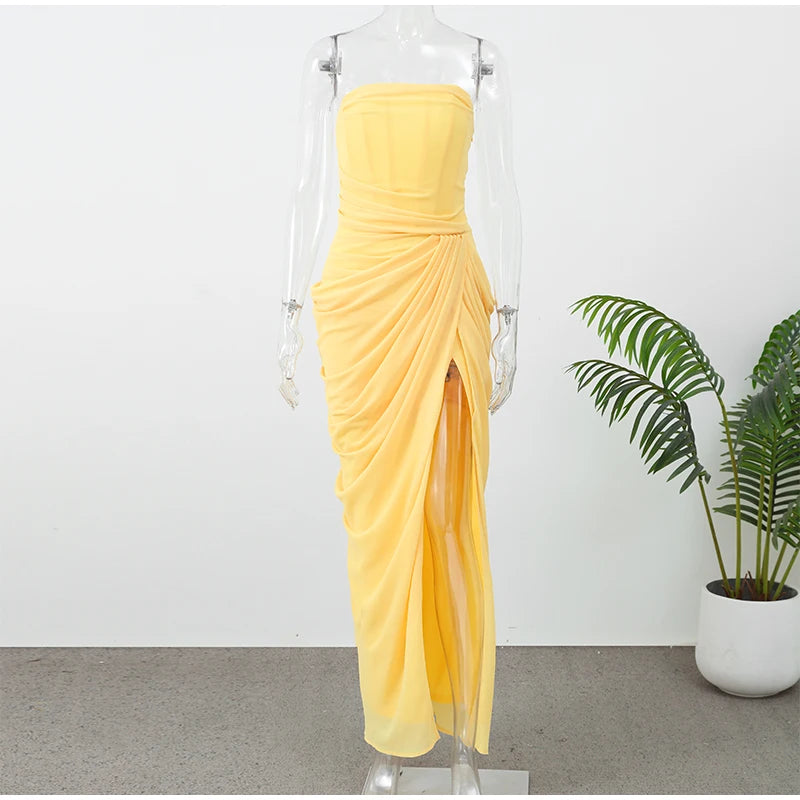 Women Sexy Solid Pleated Strapless Dress Lady Chic Off-shoulder Backless High Waist Split Dresses 2026 Summer Evening Party Gown