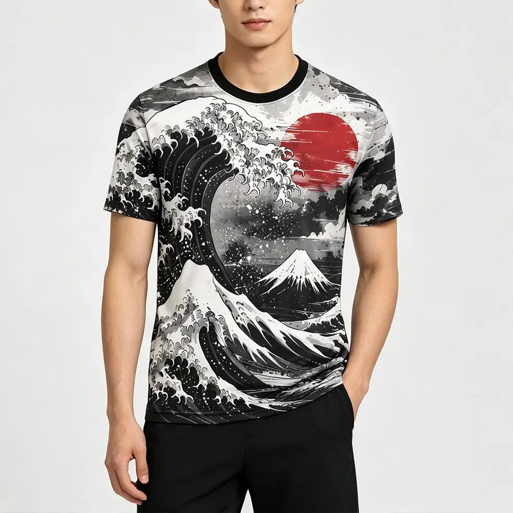 Japanese Ukiyo-e Wave Print Jersey Outdoor Sports Quick-drying Short Sleeve Football T-shirt Street Casual Unisex Round Tops