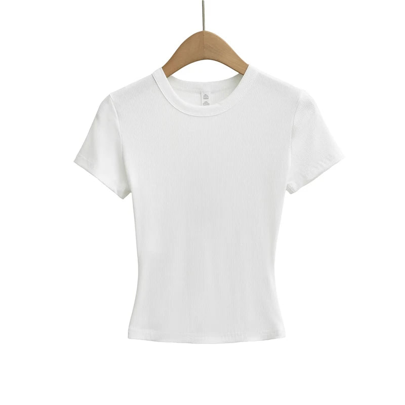 LUNDUNSHIJIA 2025 Summer Sexy Women Basic Small O-neck Short Sleeve T-shirt Ladies Slim Elasticity Cotton Short Style Tee Tops